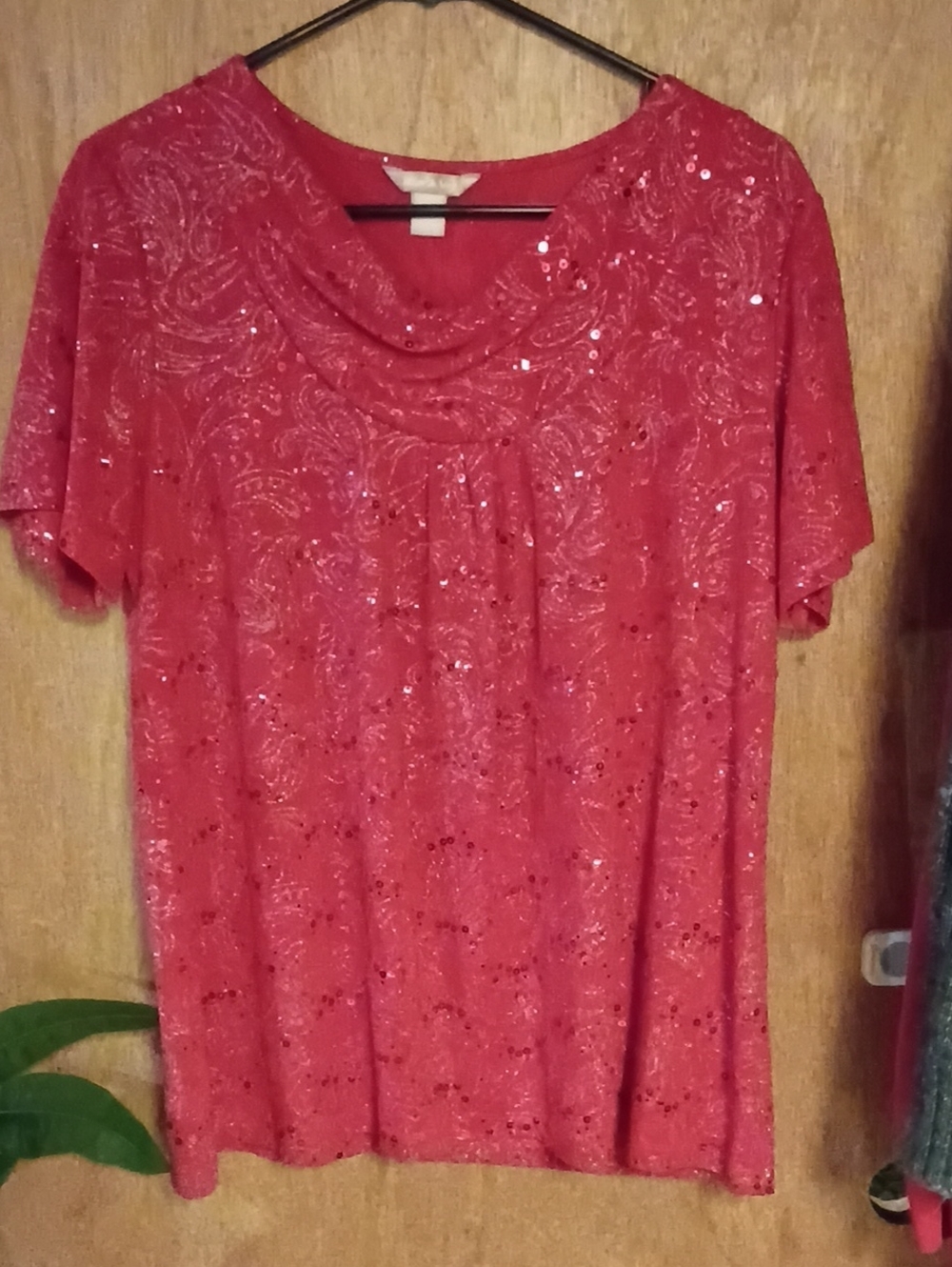 White Stag Red Sequin Cowl-Neck Short Sleeve Top